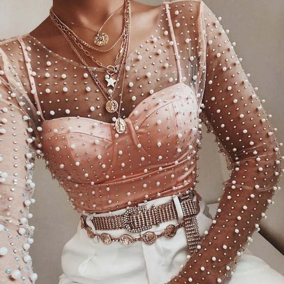 NWT pearl embellished beaded mesh top s: small - large - Picture 2 of 11